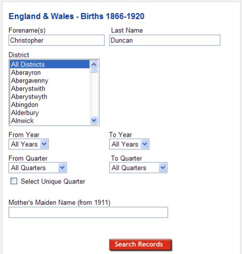 GRO Births Search window 1866-1920
